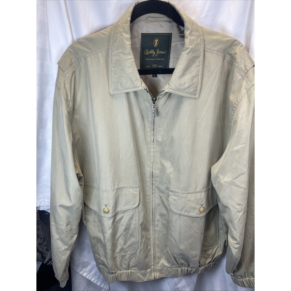 Vintage USA Bobby Jones Outerwear Golf Tan Zip Up Jacket Pockets Logo Mens L